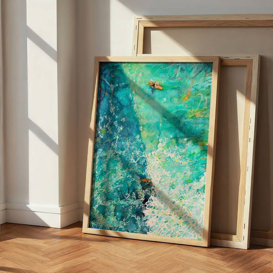 Jungle Waves watercolour surf art print by Rebekah Steen displayed on the floor