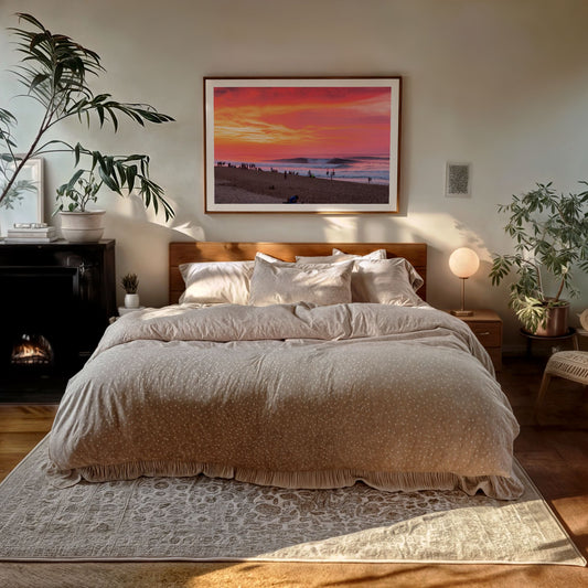 Pipeadelic surf photography print with a white border by Sean Davey framed above a bed