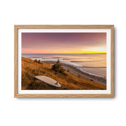Rolling Lines, Lawrencetown, Nova Scotia surf photography print by Adam Cornick in a natural oak frame