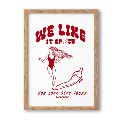 We Like It Spicy surf illustration print by Osci displayed on a rug on the floor