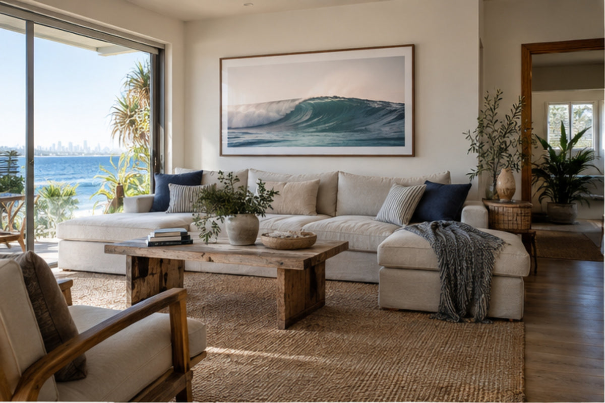 Gold Coast holiday rental living room with framed surf photography