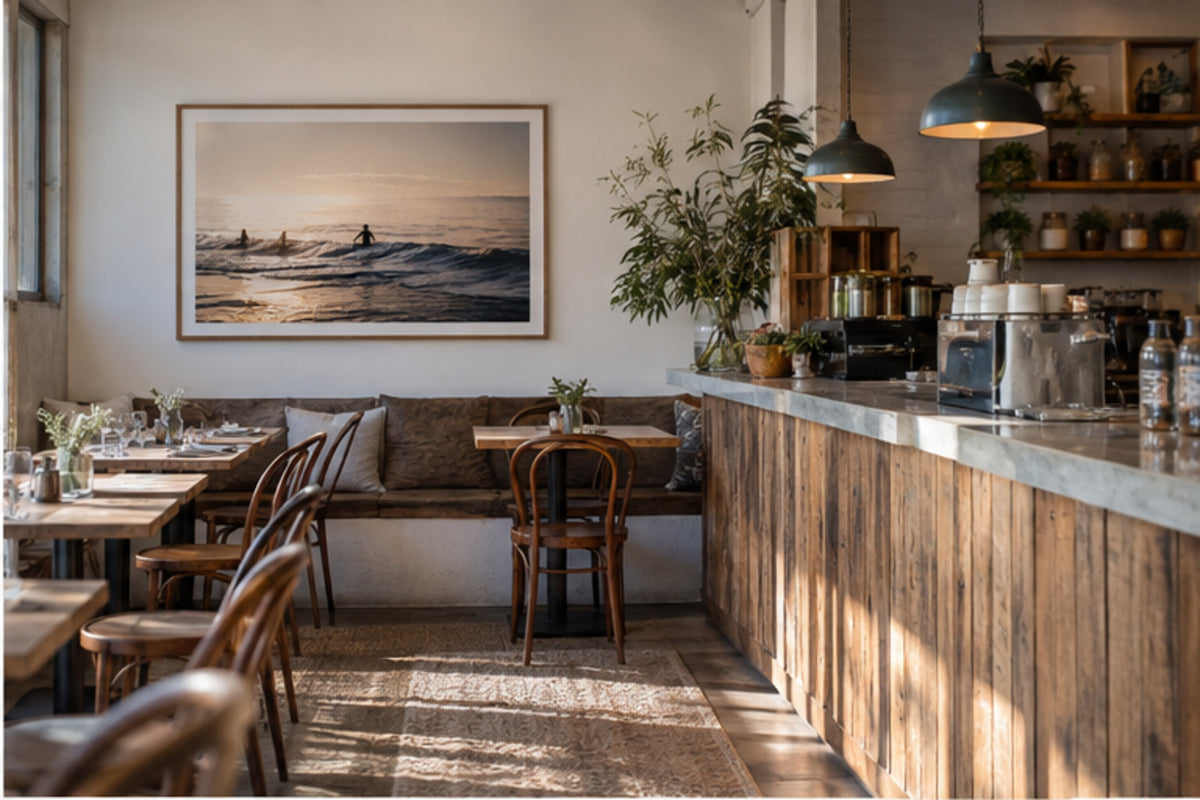 Coastal cafe interior with framed surf photography