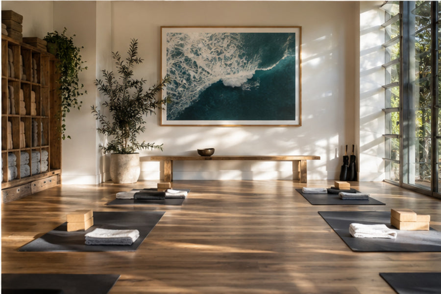 Coastal wellness studio with large framed aerial ocean artwork