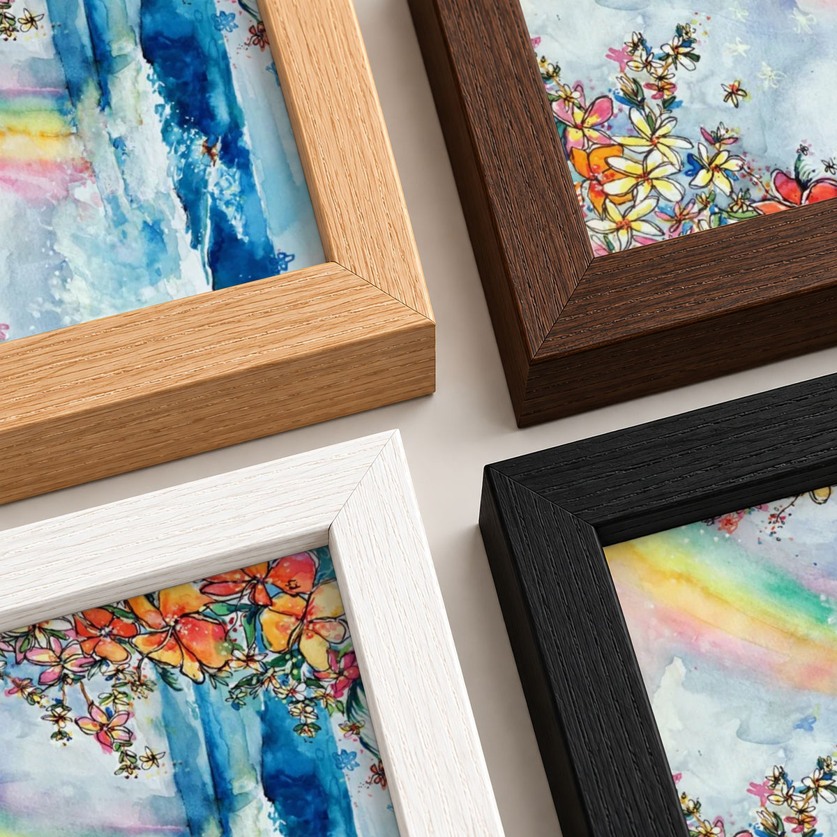 Wave Under the Rainbow surf art print by Rebekah Steen shown in four frame options