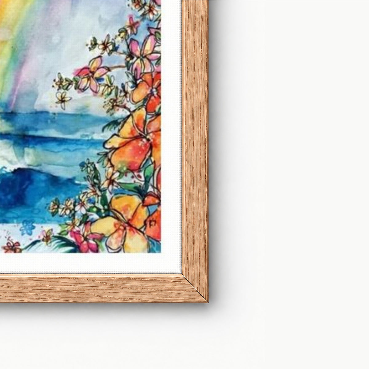 Close-up of the frame corner on Wave Under the Rainbow surf art print by Rebekah Steen