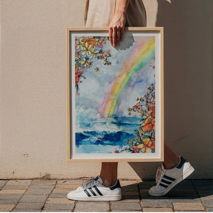Framed Wave Under the Rainbow surf art print by Rebekah Steen held in hand