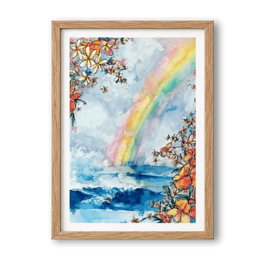 Wave Under the Rainbow watercolour surf art print by Rebekah Steen in a wooden frame