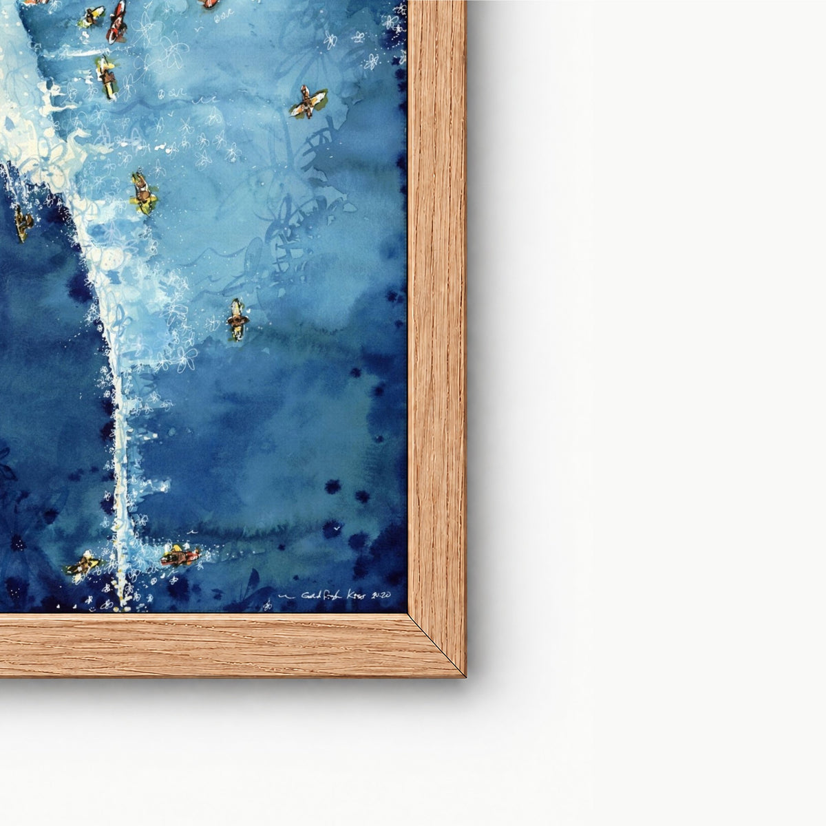 Close-up of the frame on Above The Set watercolour surf art print by Rebekah Steen