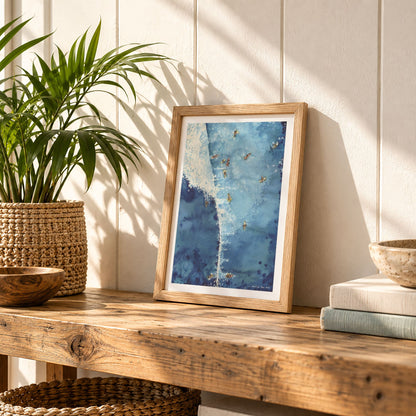 Above The Set watercolour surf art print by Rebekah Steen in an oak frame