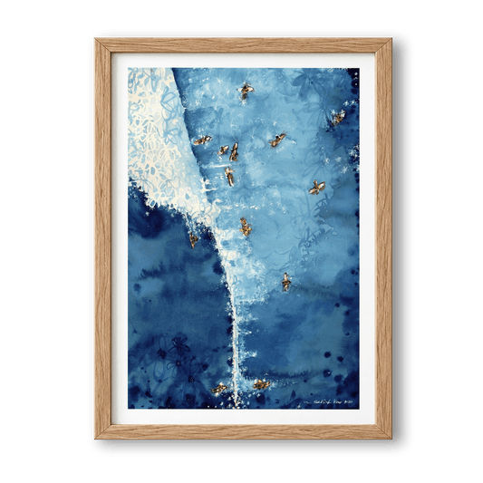Above The Set watercolour surf art print by Rebekah Steen displayed in a living room