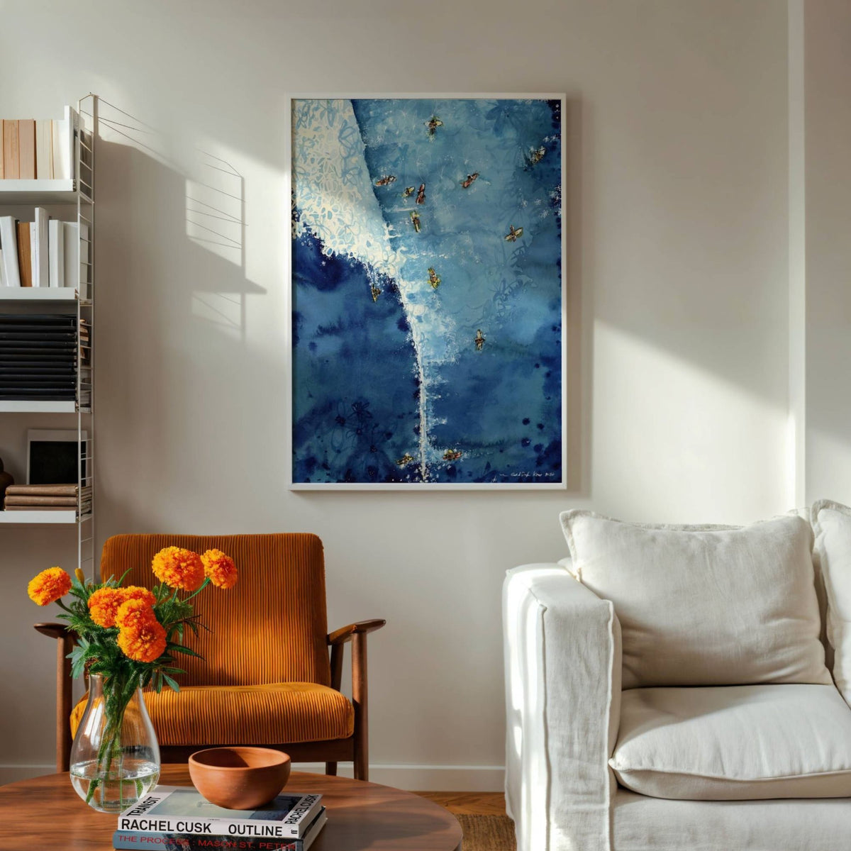 Above The Set watercolour surf art print by Rebekah Steen in a white frame