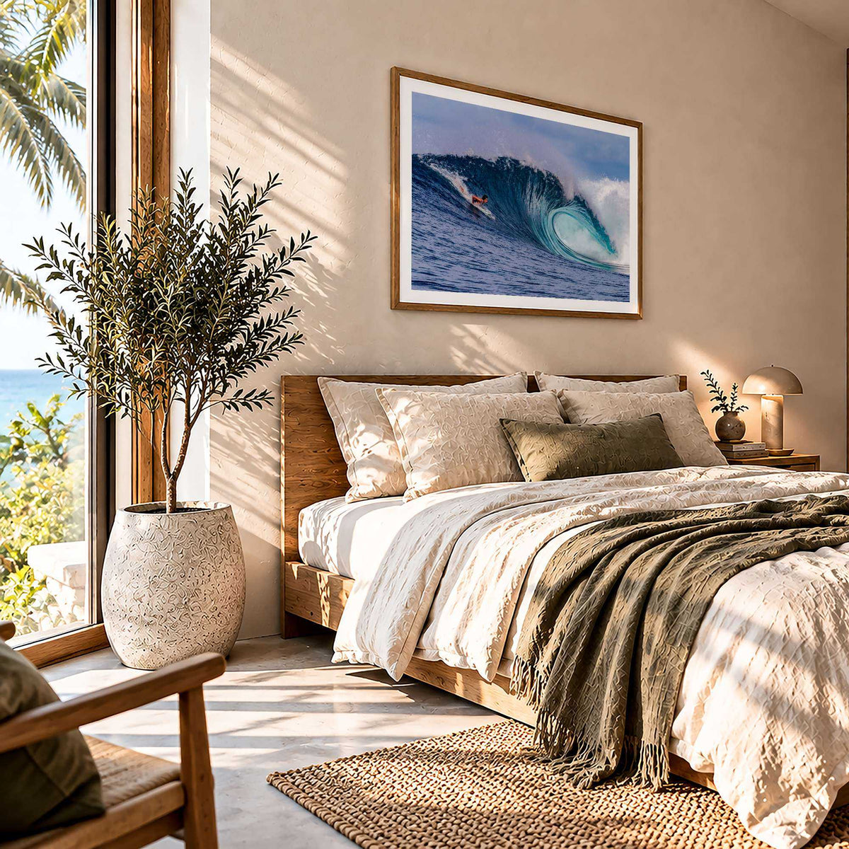 Almond Tubes surf photography print by John Seaton Callahan with a white border, framed above a bed beside a window