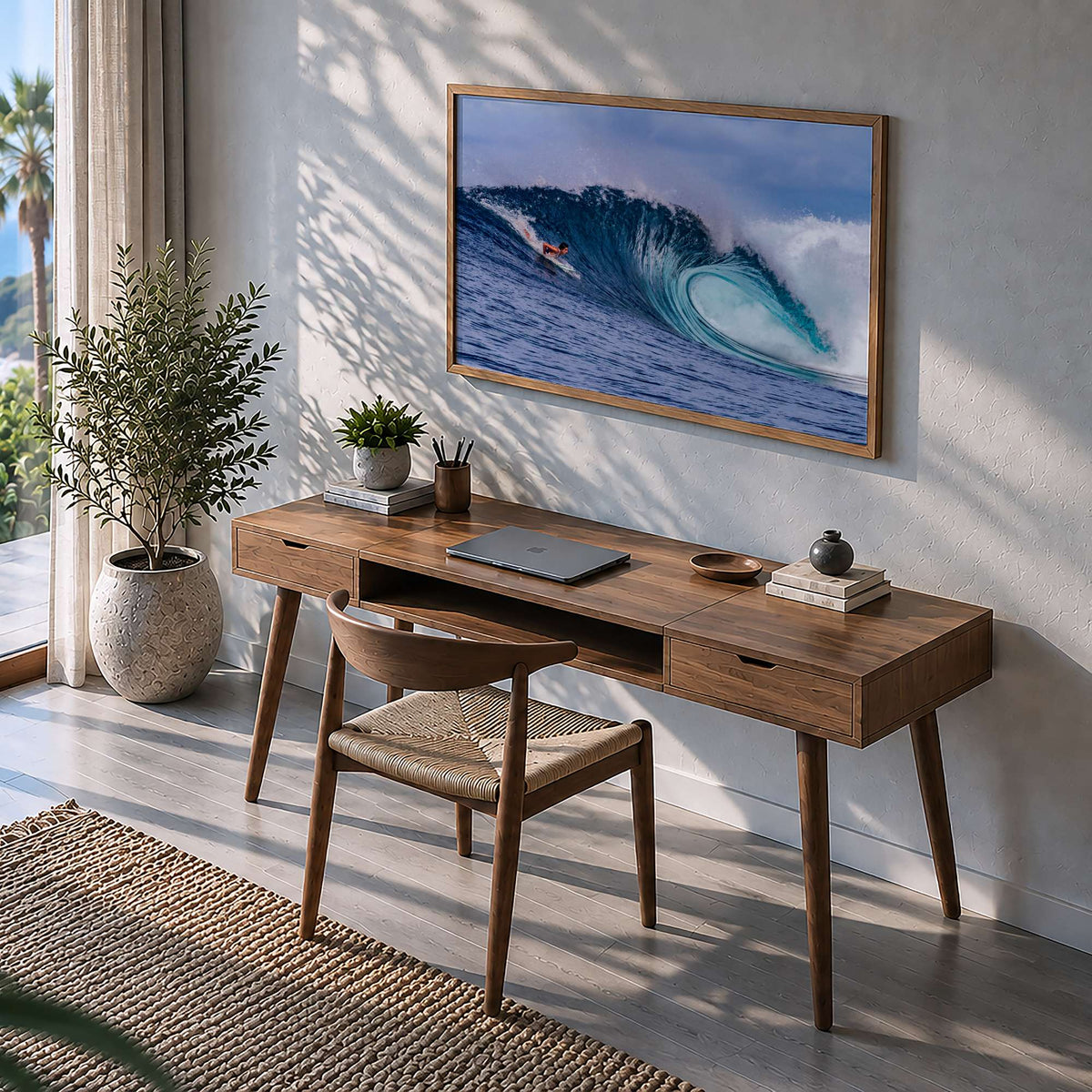 Almond Tubes surf photography print by John Seaton Callahan framed above a desk in a home office