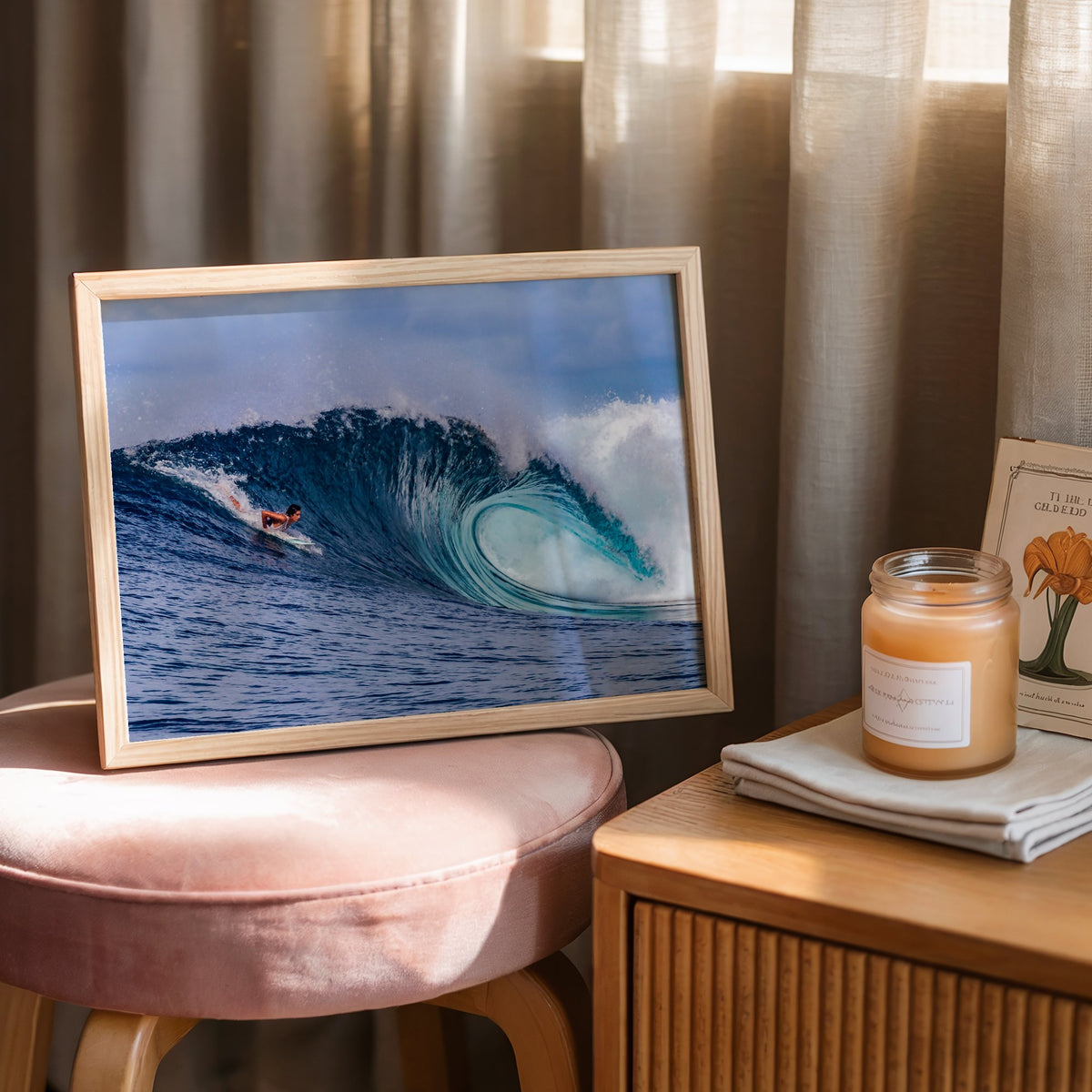Almond Tubes surf photography print by John Seaton Callahan framed and leaning on a pink stool