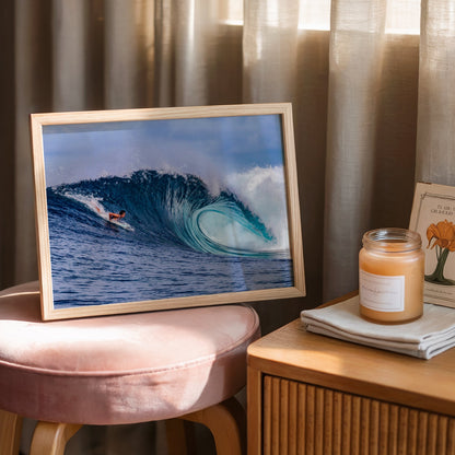 Almond Tubes surf photography print by John Seaton Callahan framed and leaning on a pink stool