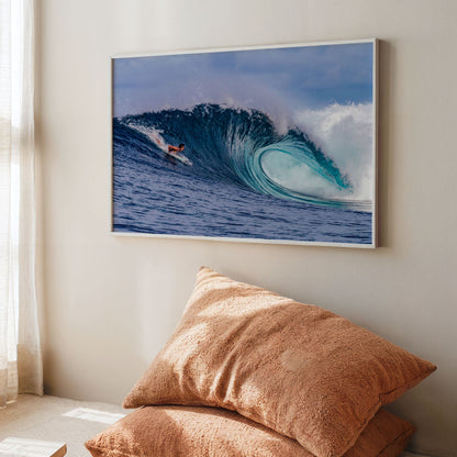 Almond Tubes surf photography print by John Seaton Callahan framed on a living room wall above cushions