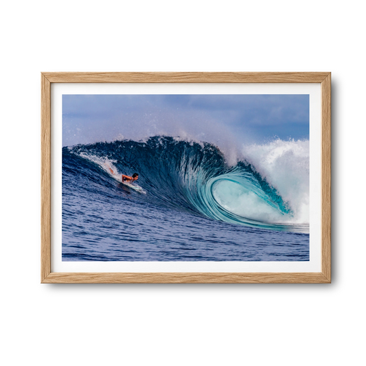 Almond Tubes surf photography print by John Seaton Callahan in a natural wood frame