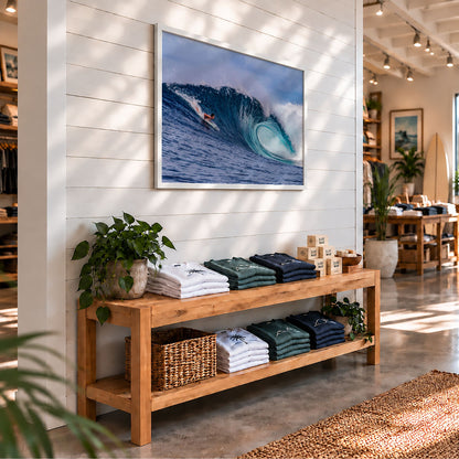 Almond Tubes surf photography print by John Seaton Callahan framed on the wall of a surf shop