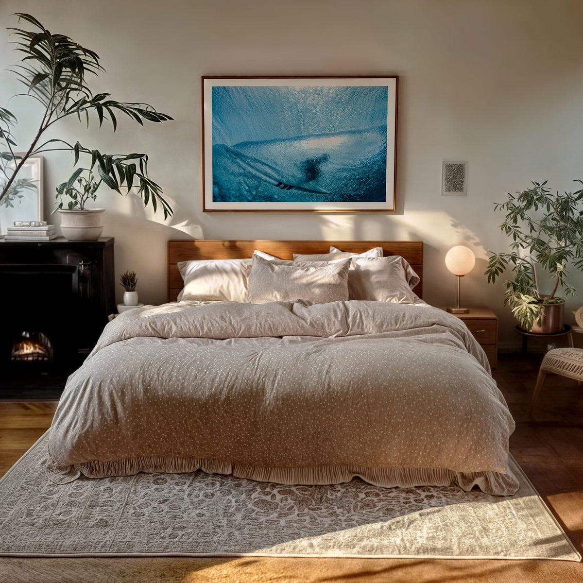 Aqua Cocoon surf photography print with a white border by Sean Davey framed above a bed