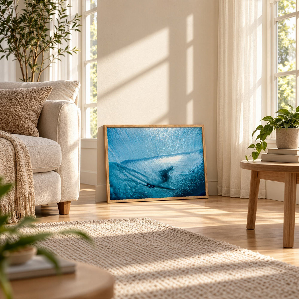 Aqua Cocoon surf photography print by Sean Davey framed and leaning on the floor of a sunny living room