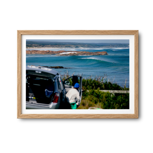 Beachbreak Perfection, Tasmania surf photography print by Sean Davey in a natural wood frame