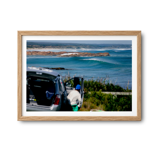 Beachbreak Perfection, Tasmania surf photography print by Sean Davey in a natural wood frame