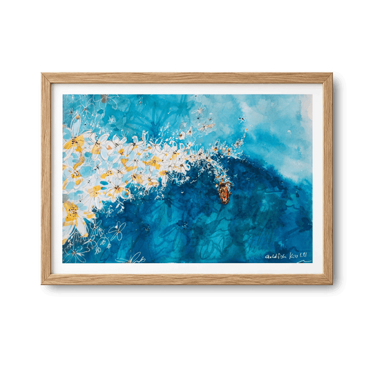 Bloomin' Left watercolour surf art print by Rebekah Steen in a natural wood frame