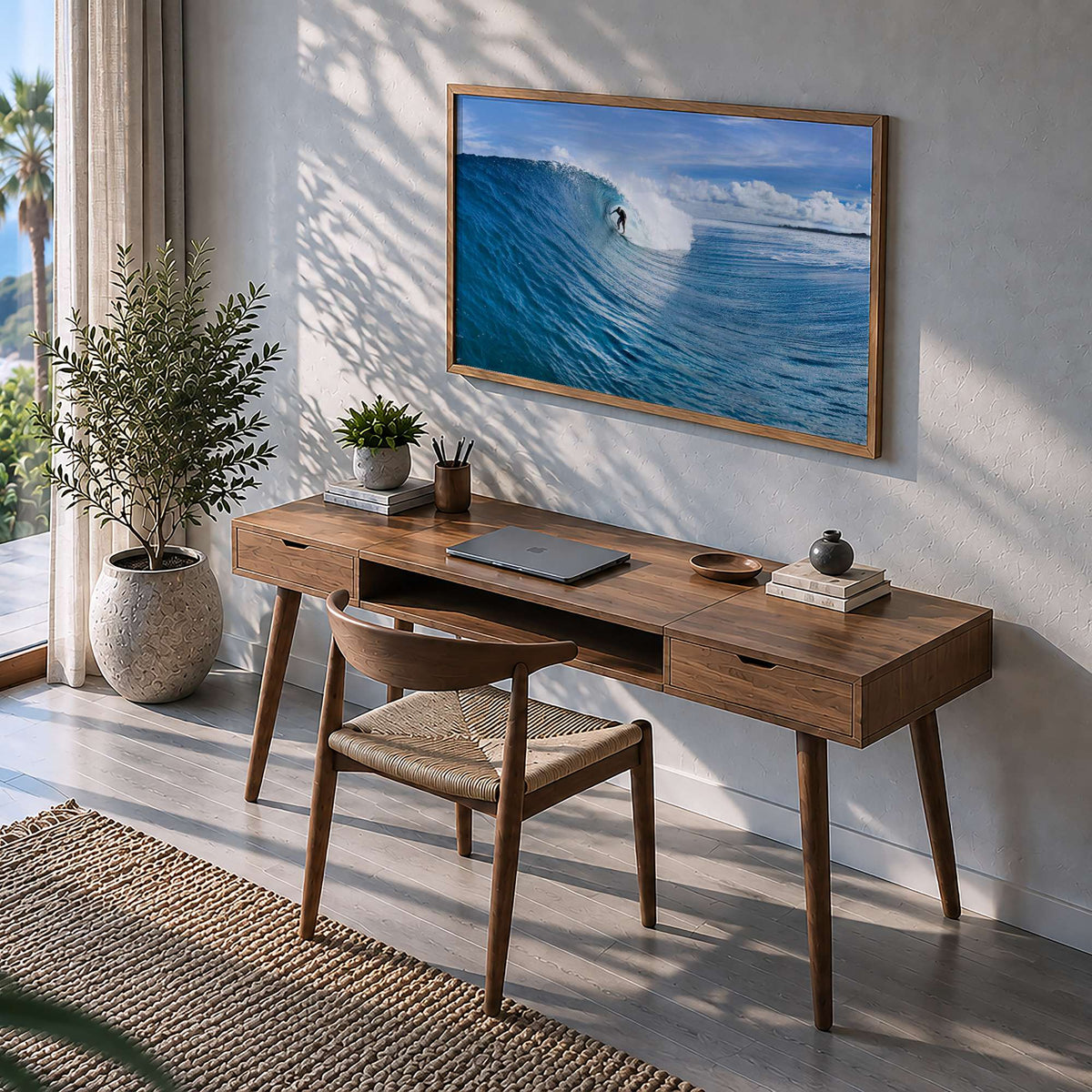 Blue Sling surf photography print by Sean Davey framed above a desk in a home office