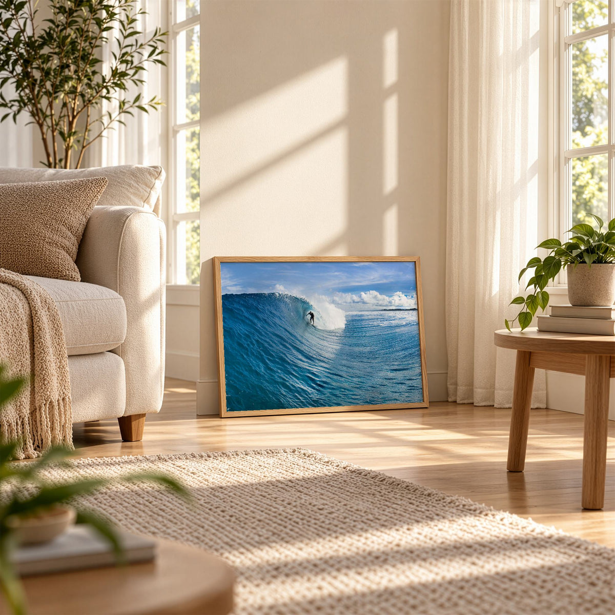 Blue Sling surf photography print by Sean Davey framed and leaning on the floor of a sunny living room