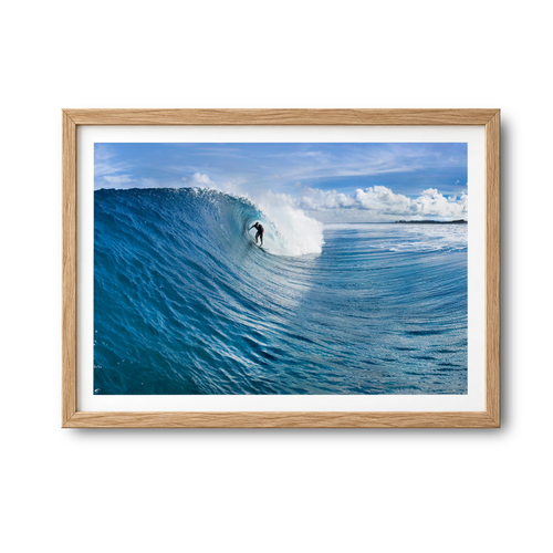 Blue Sling surf photography print by Sean Davey in a natural wood frame