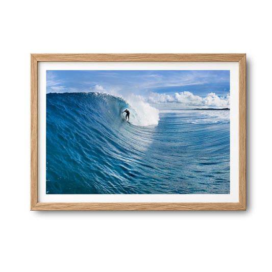 Blue Sling surf photography print by Sean Davey in a natural wood frame
