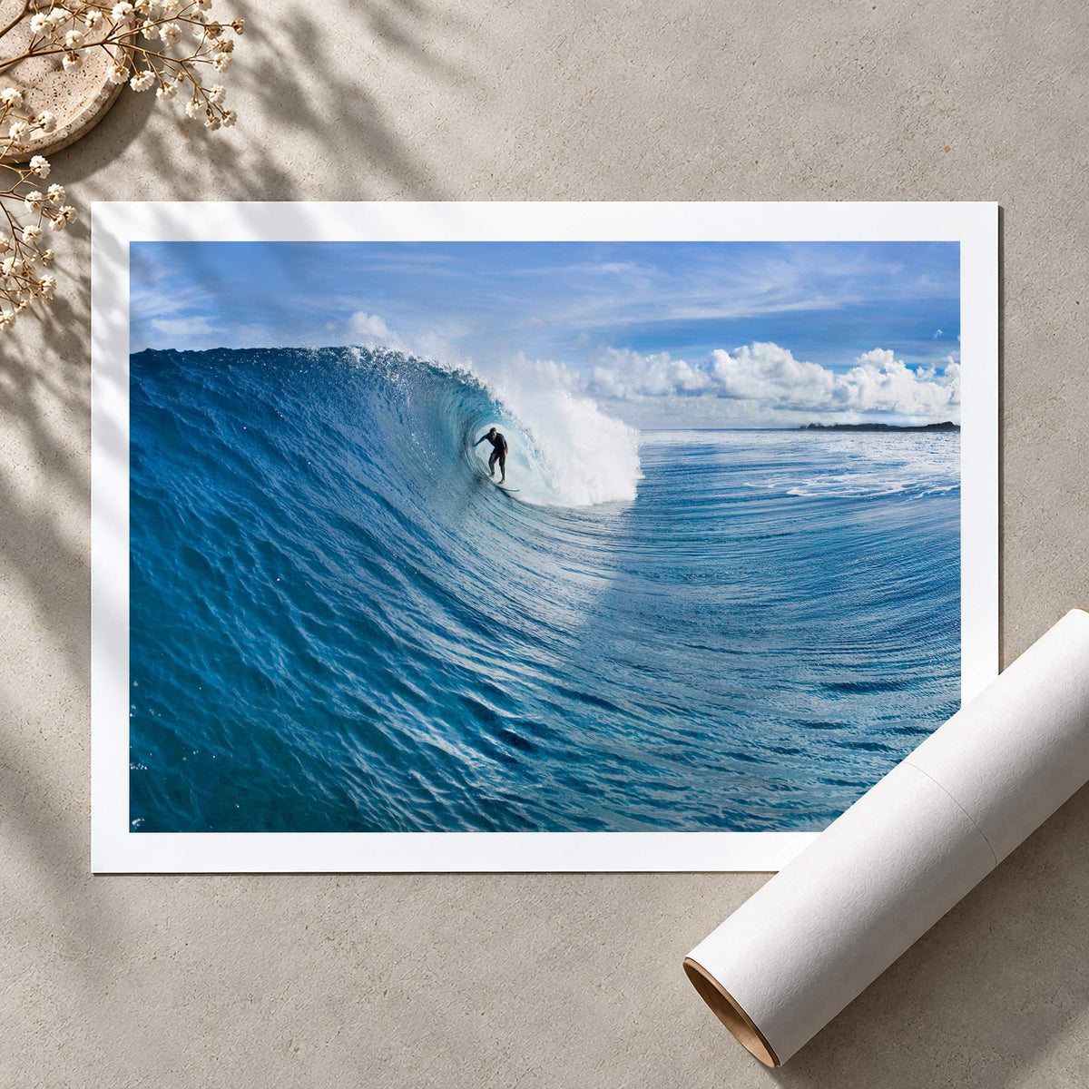 Blue Sling surf photograph by Sean Davey of Palikir Pass, Pohnpei, Micronesia, rolled unframed print with a white border