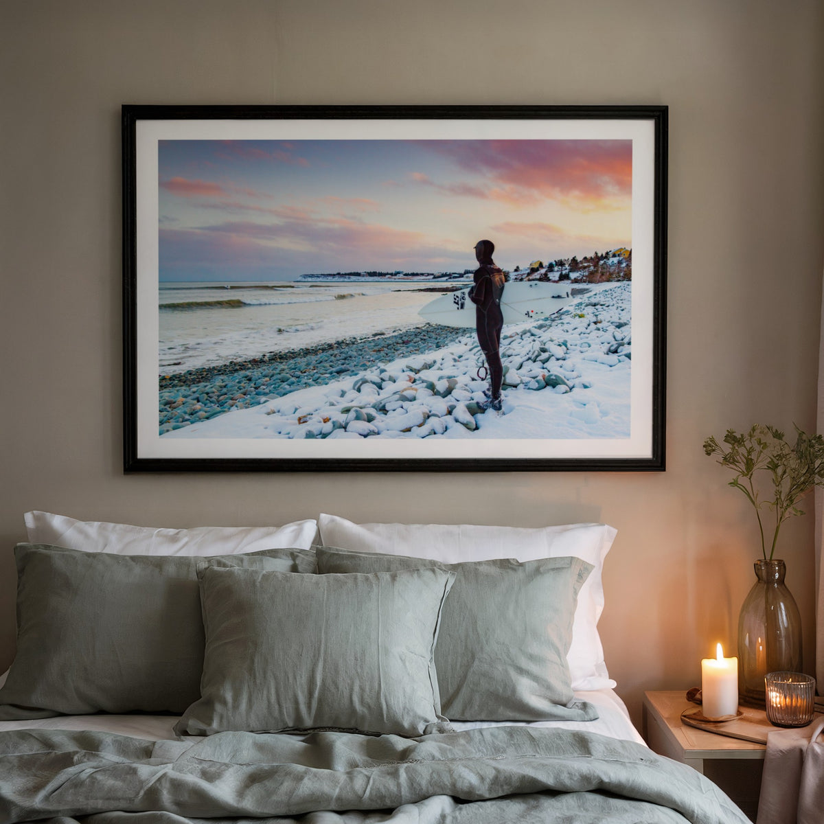 Chilled Vibes surf photography print by Adam Cornick framed above a bed
