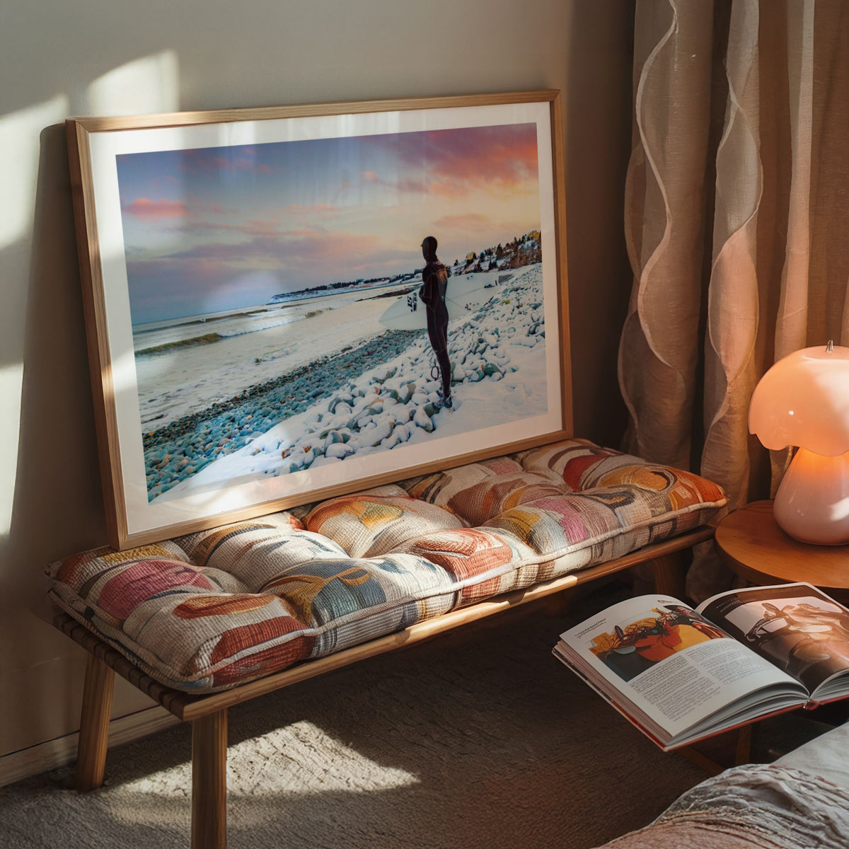Chilled Vibes winter surf photography print by Adam Cornick framed above a bench