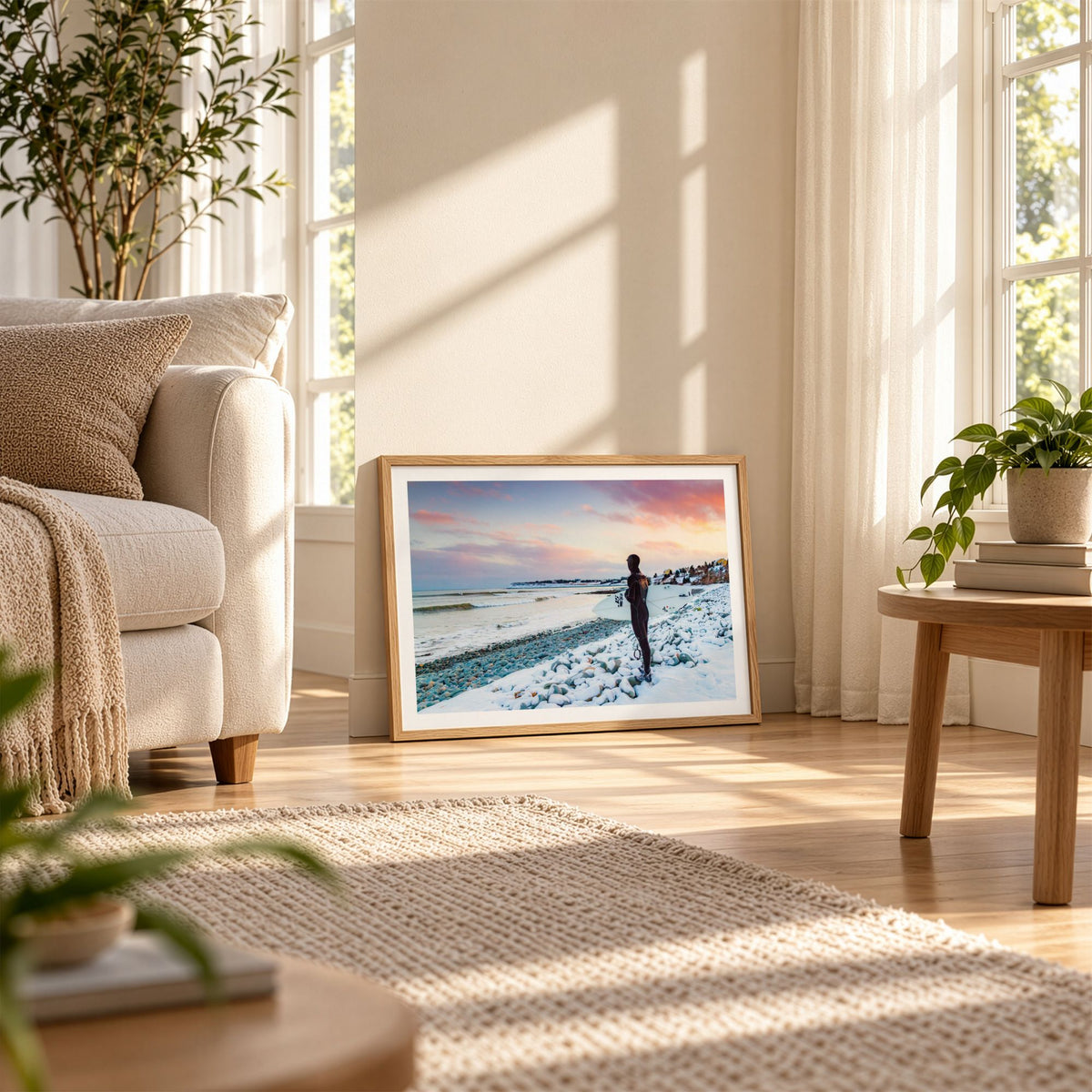 Chilled Vibes surf photography print by Adam Cornick framed and leaning on the floor