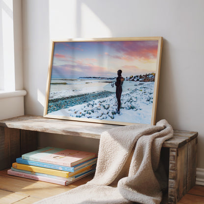 Chilled Vibes winter surf photography print by Adam Cornick framed in a hallway