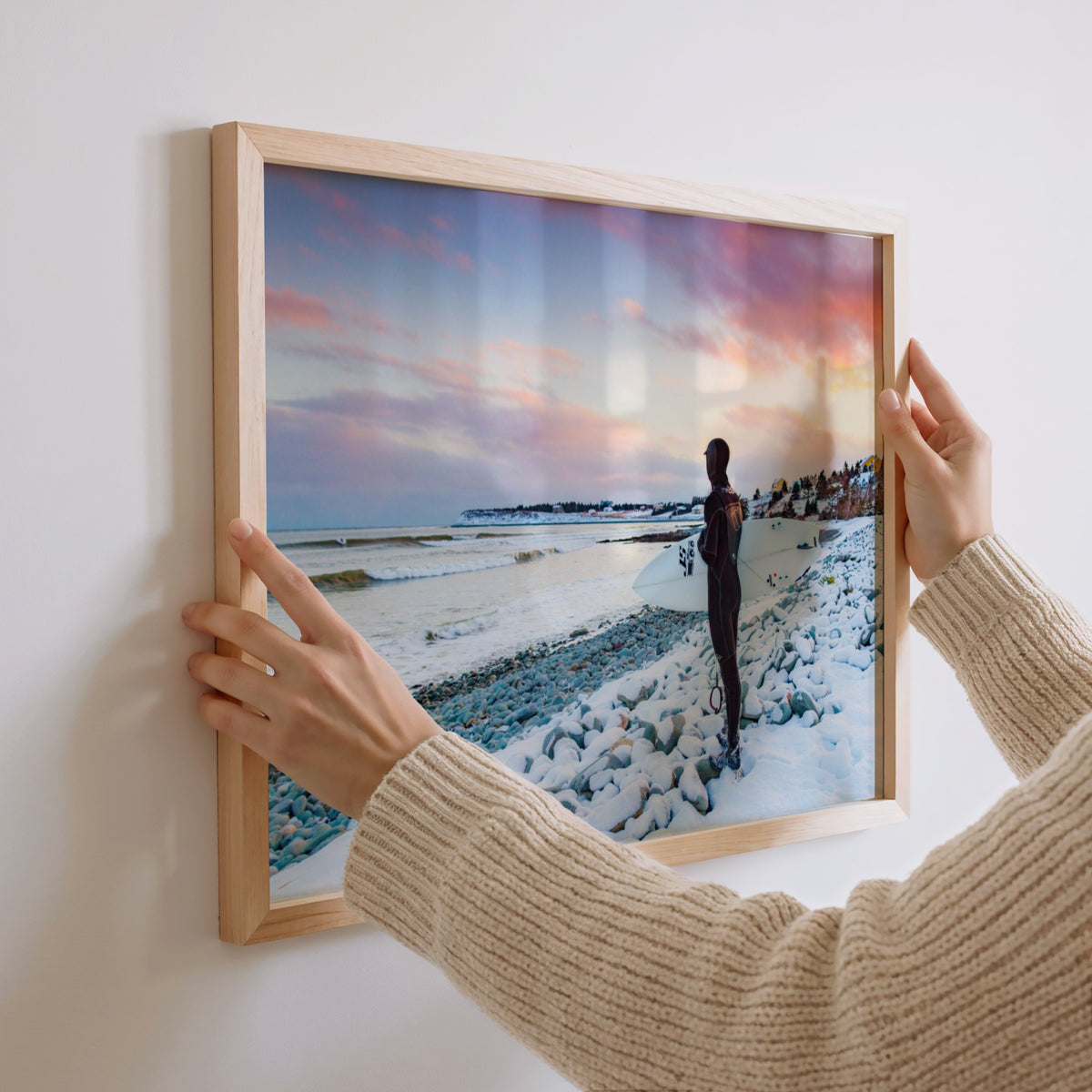 Chilled Vibes surf photography print by Adam Cornick being hung on a wall