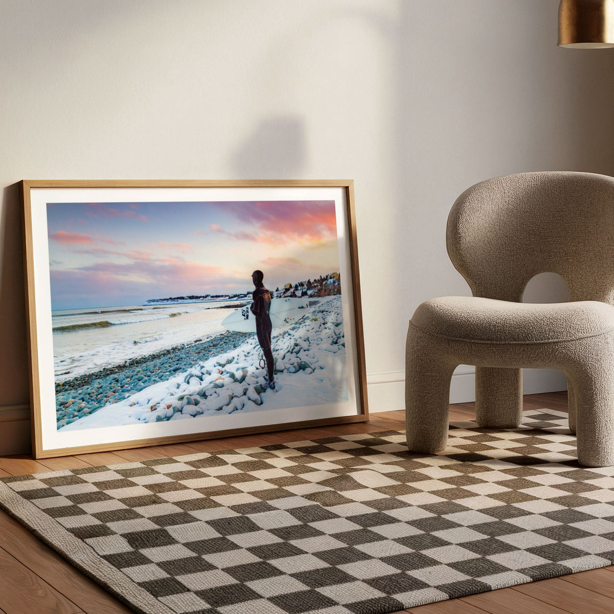 Chilled Vibes surf photography print by Adam Cornick framed in a room with a rug