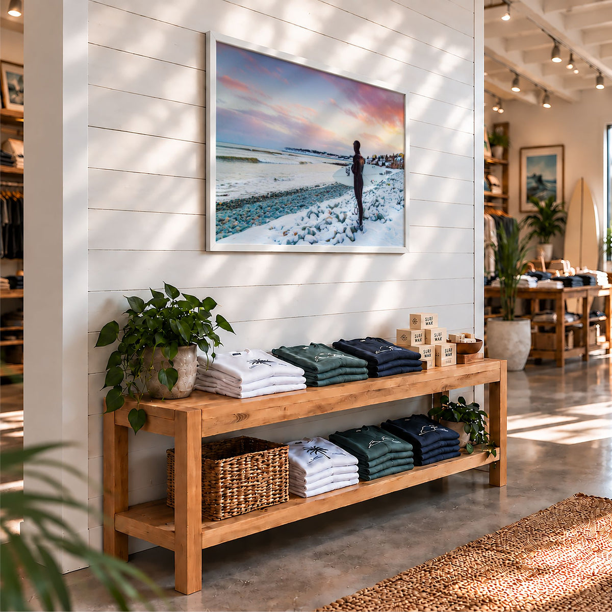 Chilled Vibes winter surf photography print by Adam Cornick framed in a surf shop