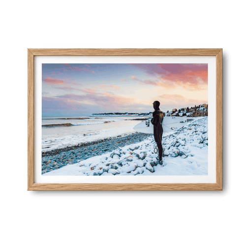 Chilled Vibes, Lawrencetown, Nova Scotia winter surf photography print by Adam Cornick in a natural oak frame