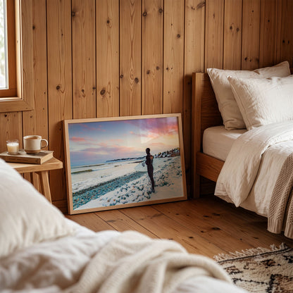 Chilled Vibes surf photography print by Adam Cornick framed in a wood-panelled room