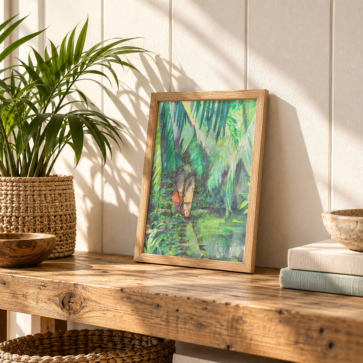 A4 Clandestino Gem watercolour surf art print by Rebekah Steen on a bench
