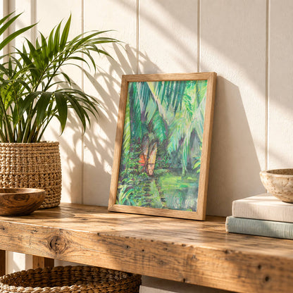 A4 Clandestino Gem watercolour surf art print by Rebekah Steen on a bench