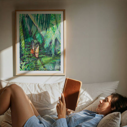 Clandestino Gem watercolour surf art print by Rebekah Steen displayed in a bedroom