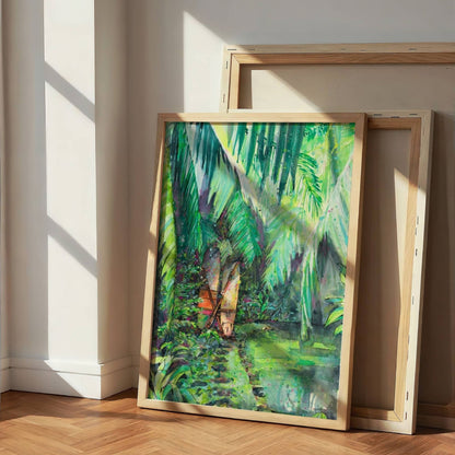 Clandestino Gem watercolour surf art print by Rebekah Steen framed on the floor