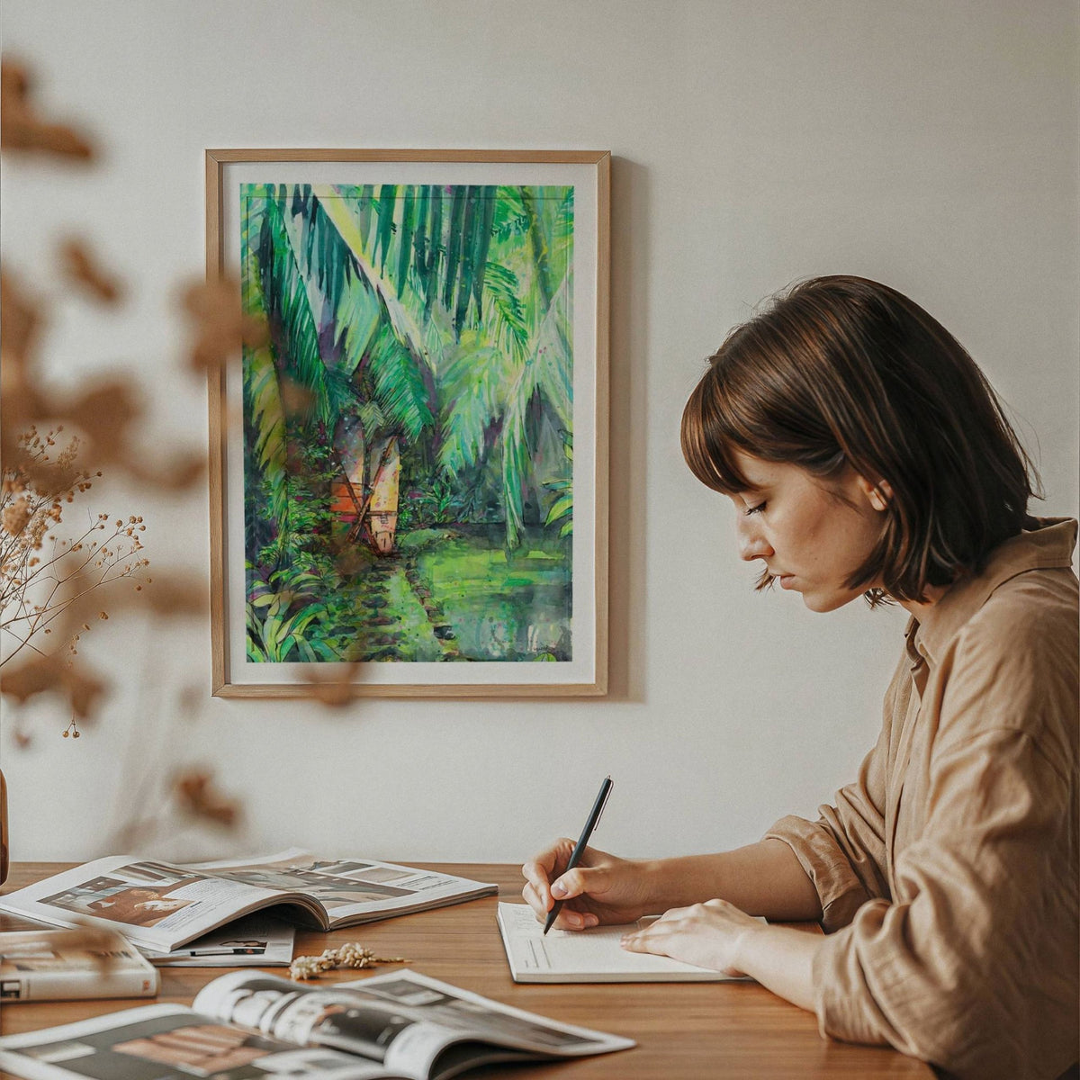 Clandestino Gem watercolour surf art print by Rebekah Steen displayed in a home office