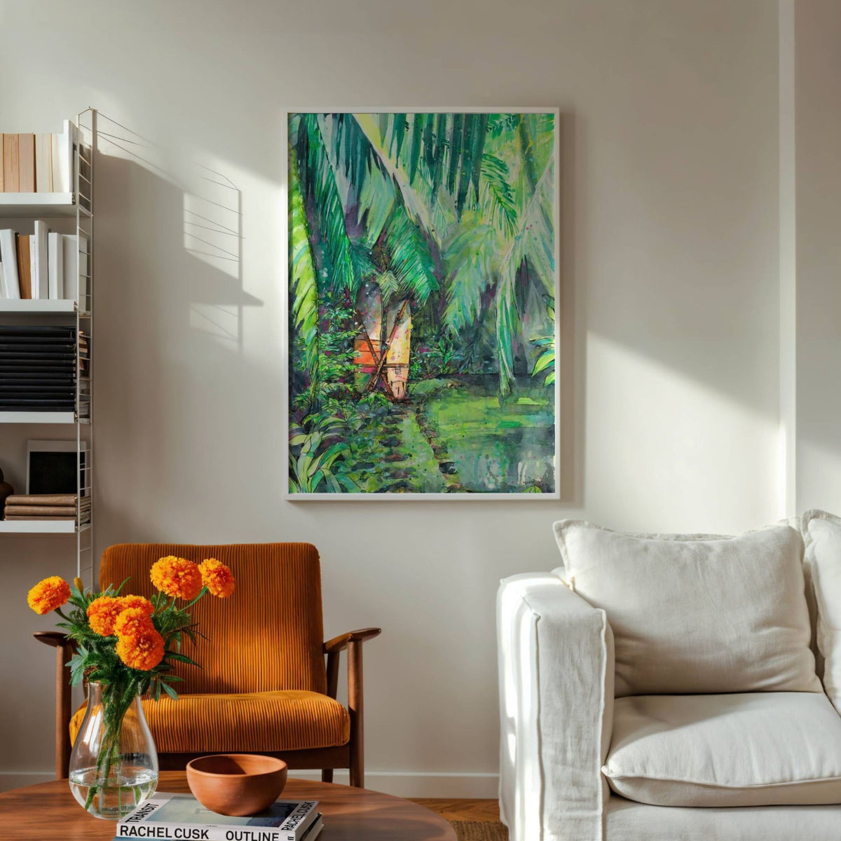 Clandestino Gem watercolour surf art print by Rebekah Steen displayed in a living room