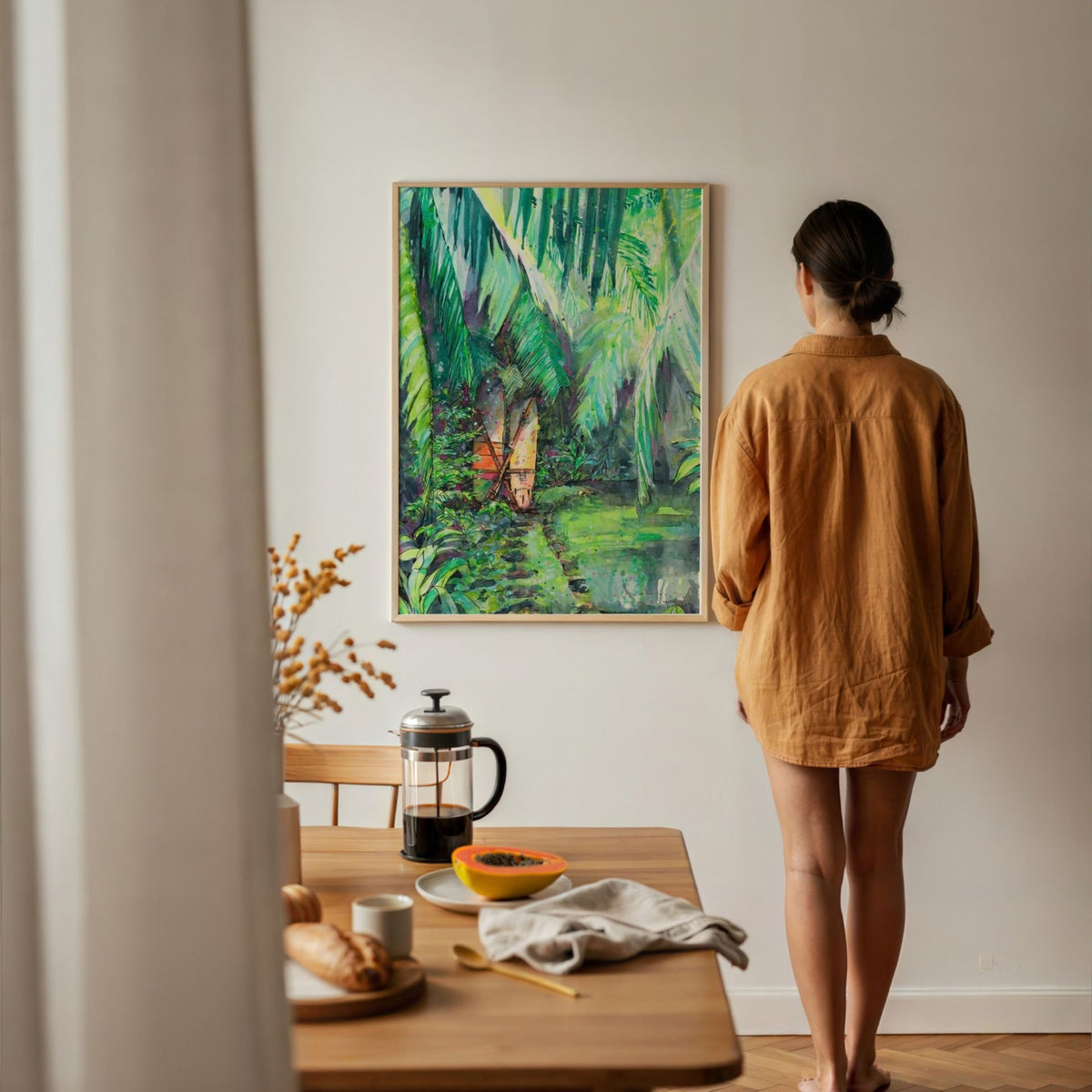 Clandestino Gem watercolour surf art print by Rebekah Steen displayed in an office