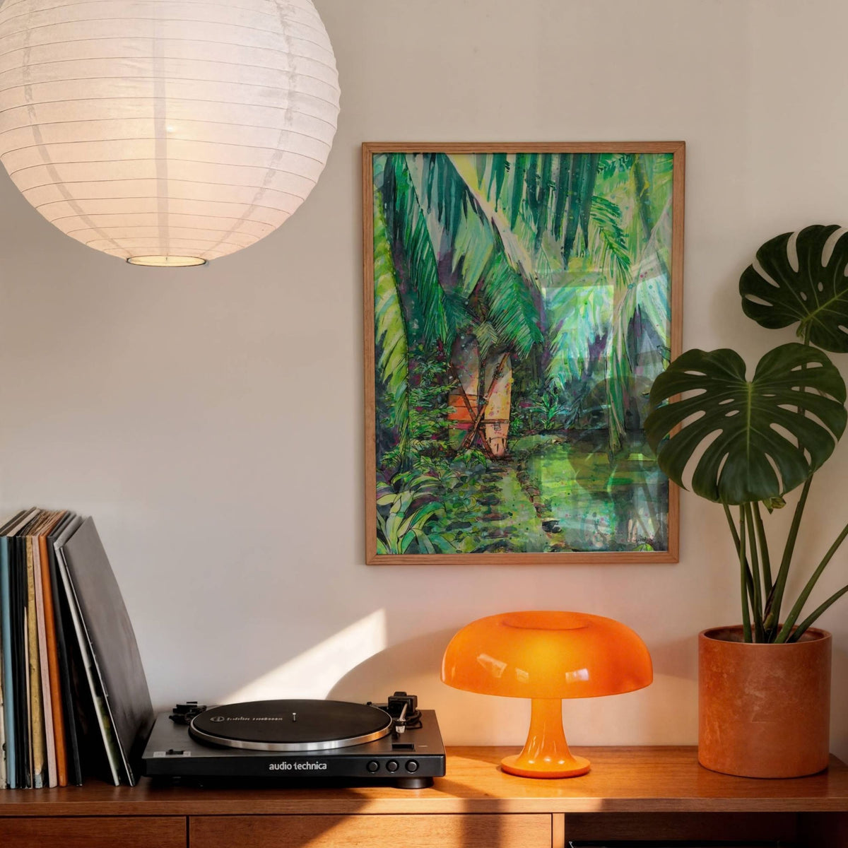 Clandestino Gem watercolour surf art print by Rebekah Steen displayed in a retro-style room