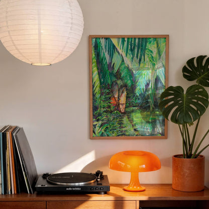 Clandestino Gem watercolour surf art print by Rebekah Steen displayed in a retro-style room